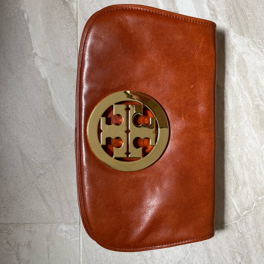 Tory Burch Brown Clutch with Gold Logo